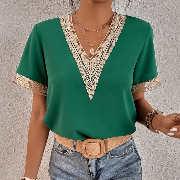 Bohemian Royal Blue V neck Lace Solid Minimalist Blouse - Picture 9 of 13